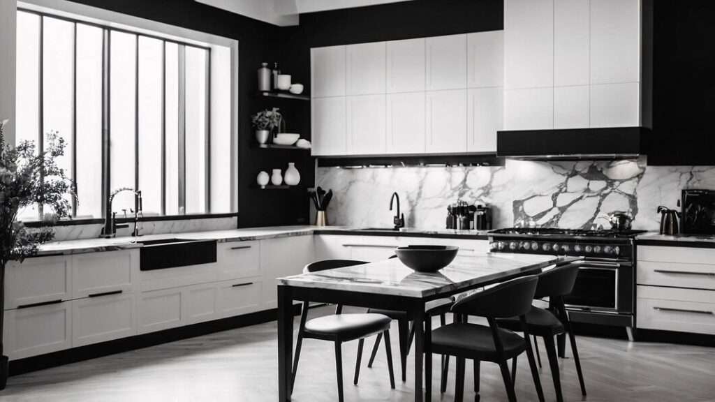 Black and white kitchen decor showcasing modern elegance and timeless style
